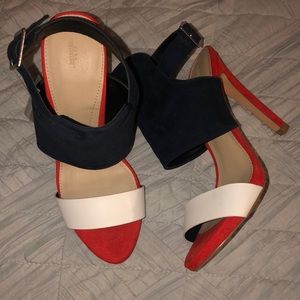 Zara navy blue, white, and orange heels.